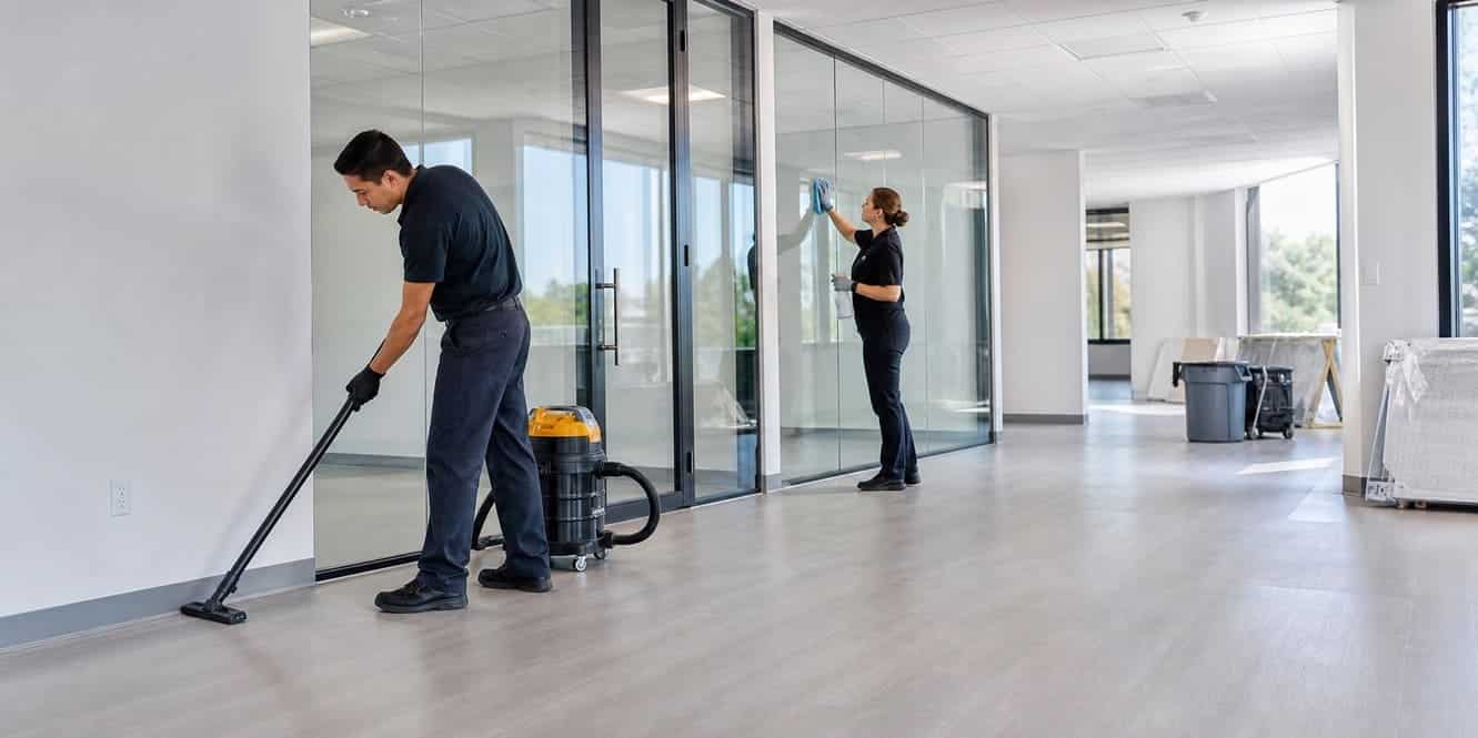 Commercial cleaners removing construction dust from a newly renovated office