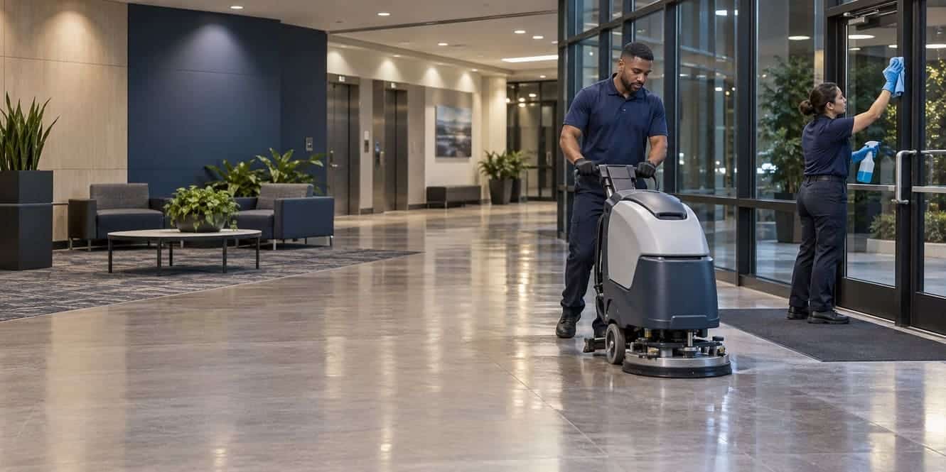 Commercial cleaning crew machine-scrubbing a lobby floor and cleaning entry glass in Delaware
