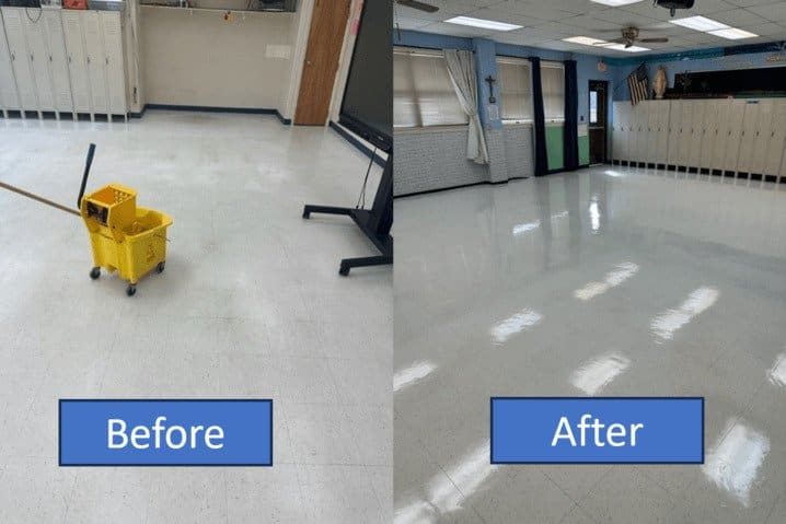 Commercial floor stripping and waxing before and after at educational facility